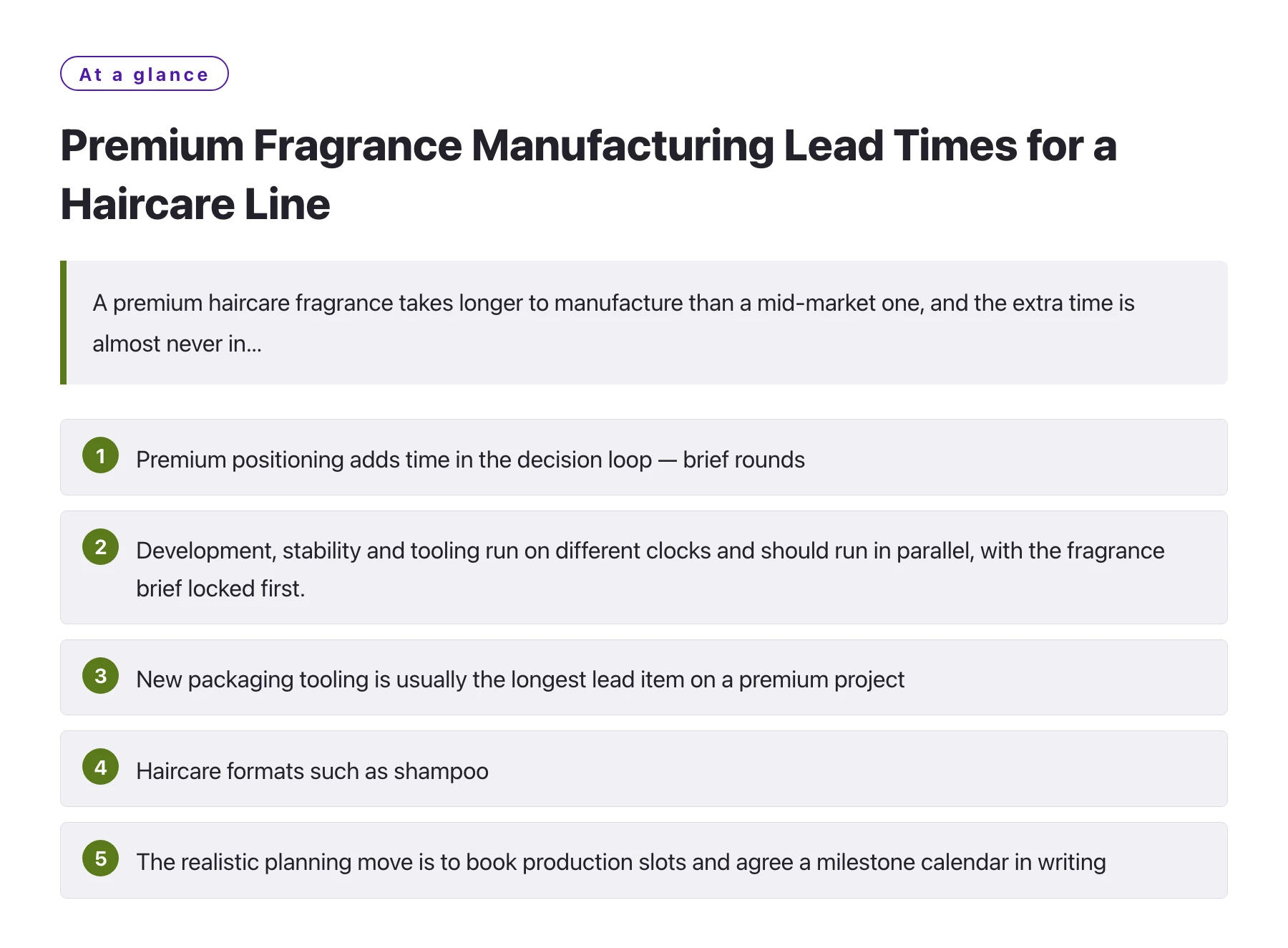 Premium Fragrance Manufacturing Lead Times for a Haircare Line——全文要点速览